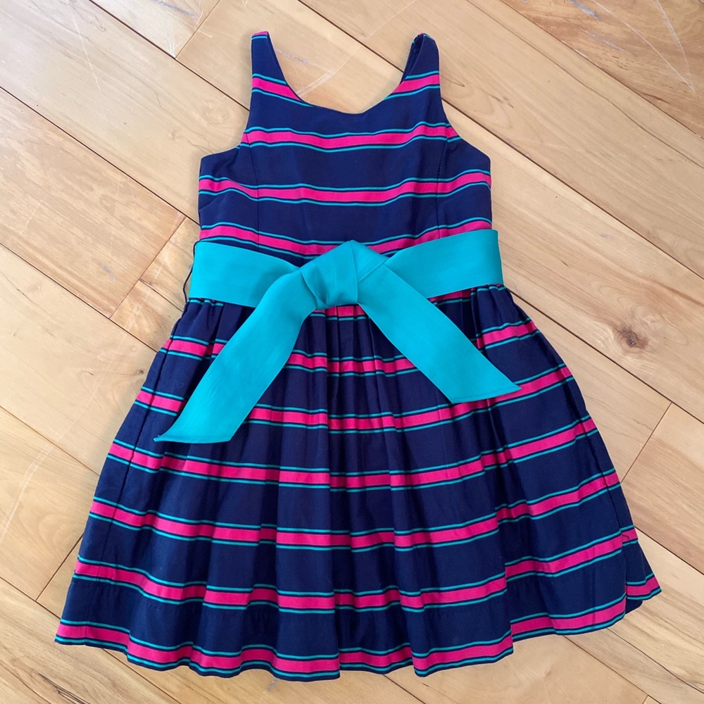 Ralph Lauren sz 4 girls navy and bright pink striped party dress with green sash